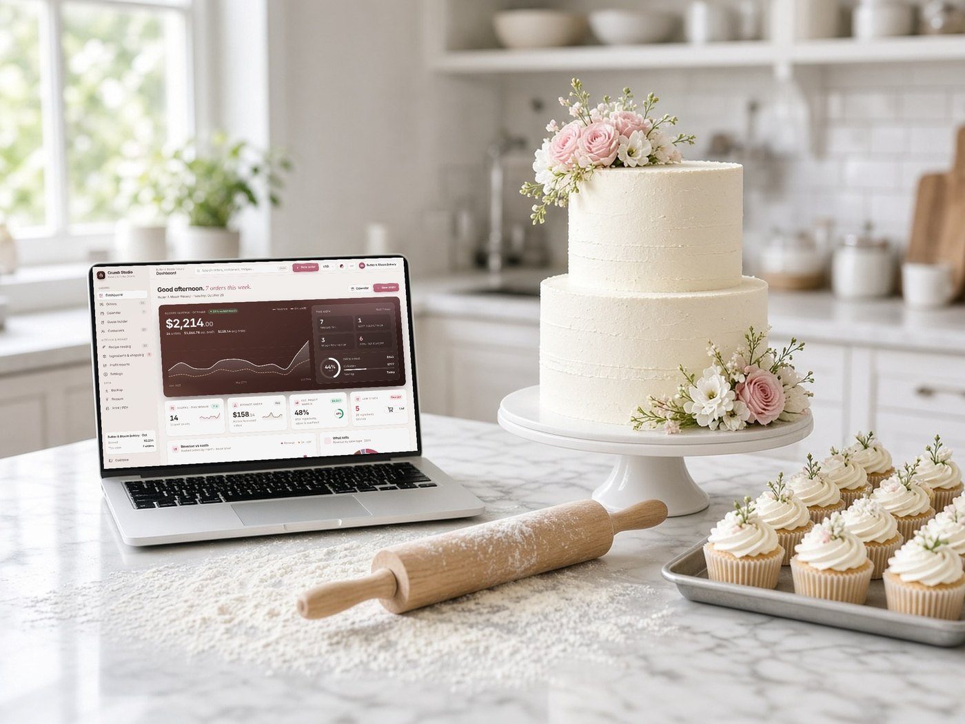 Home Bakery & Cake Order Manager shown on a device (AI-generated lifestyle photo)