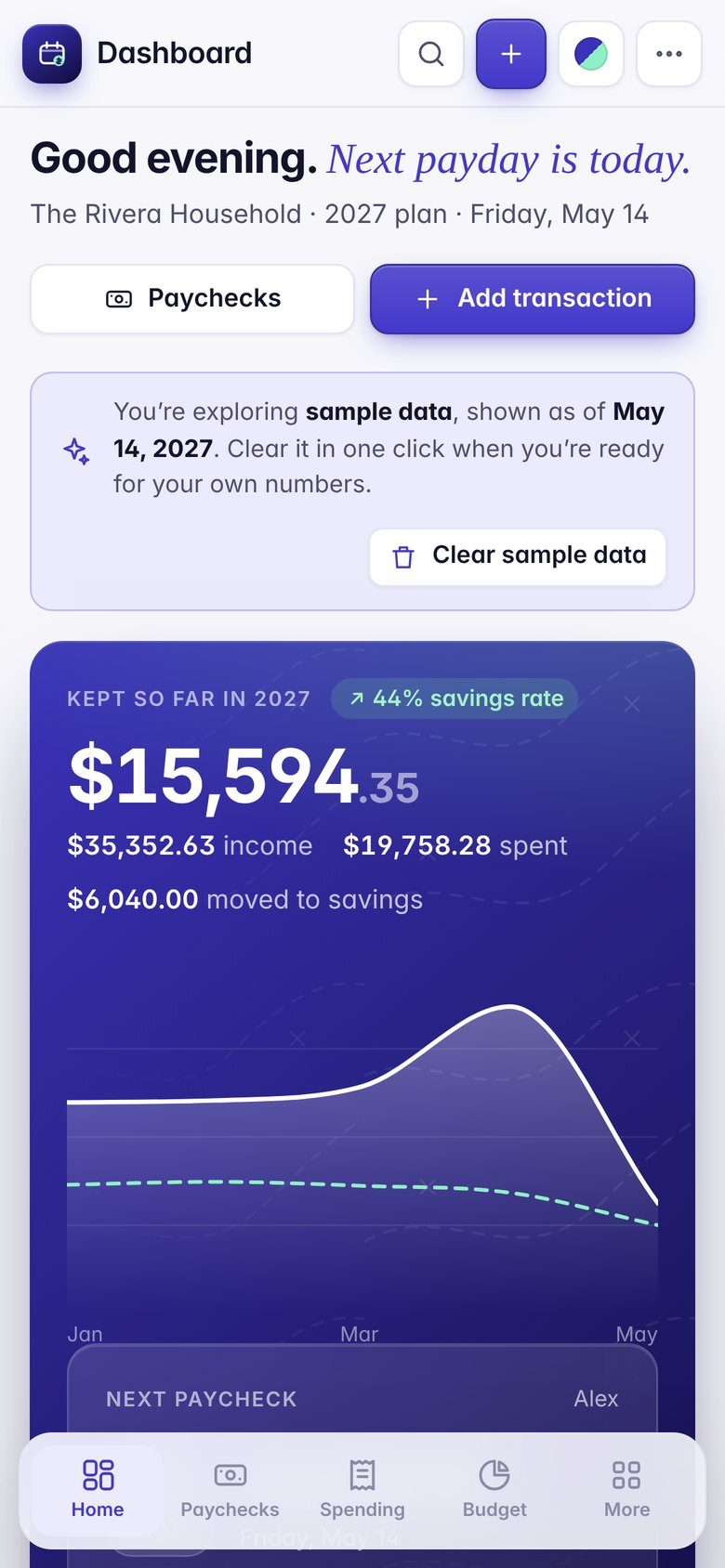 Payday Planner on an iPhone, with fictional sample data