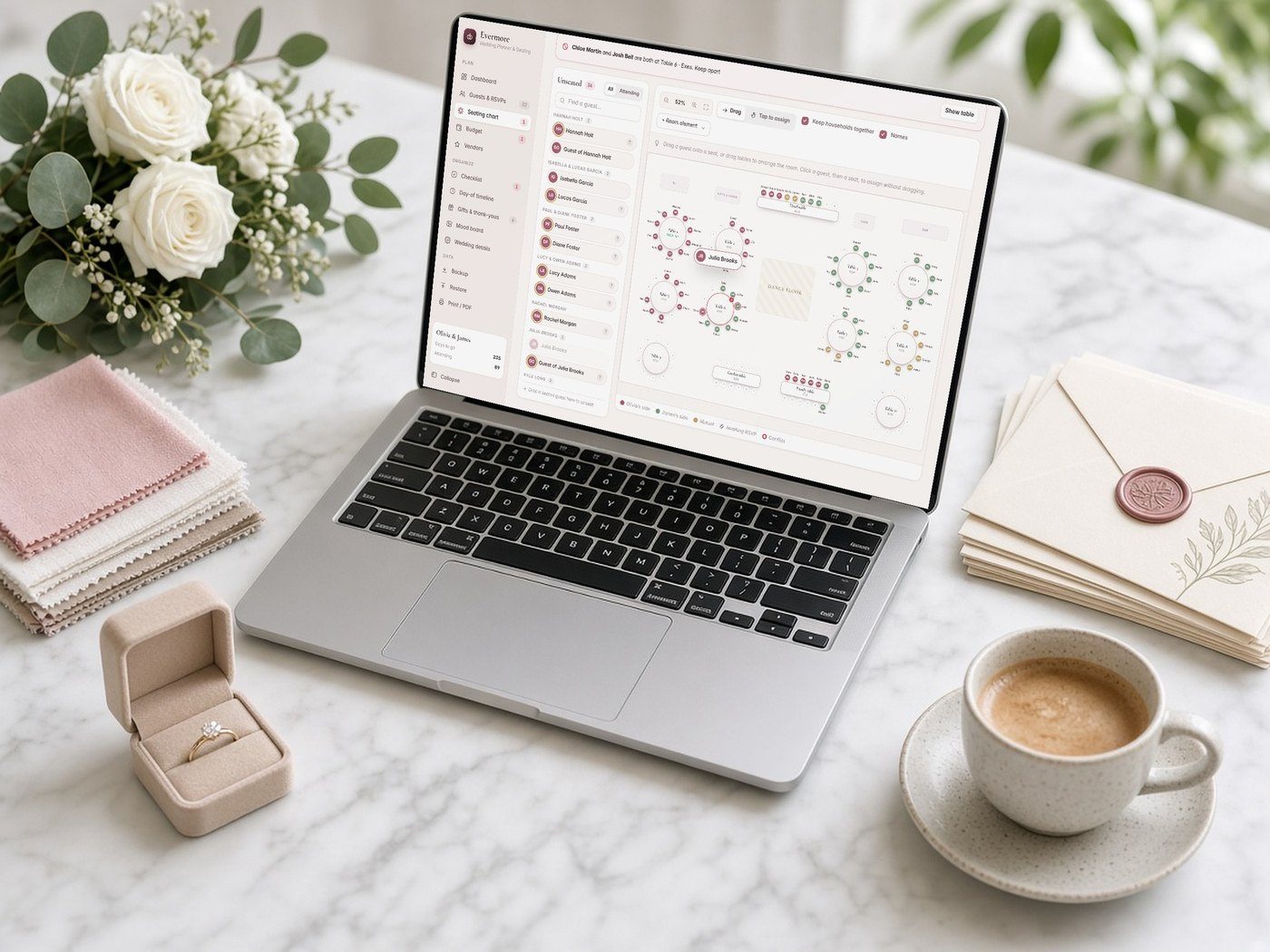 Wedding Planner & Seating Chart shown on a device (AI-generated lifestyle photo)
